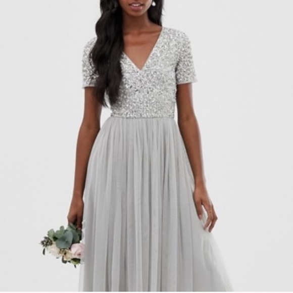 ASOS Maya Deluxe sequin silver gray maxi bridesmaid dress 2 - Picture 3 of 17